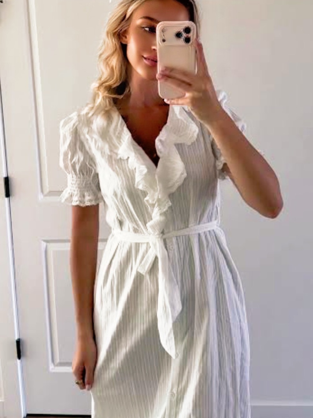 o.p.t White Ruffle-Trim Dress with Tie Waist
